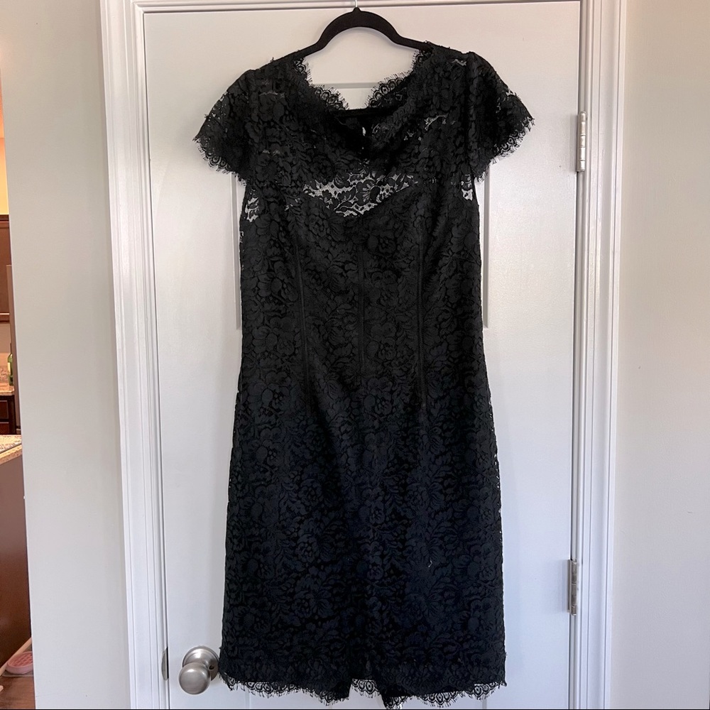 ML Monique Lhuillier Black Cap-Sleeved Lace Overlay Bodycon Cocktail Fit Size 16